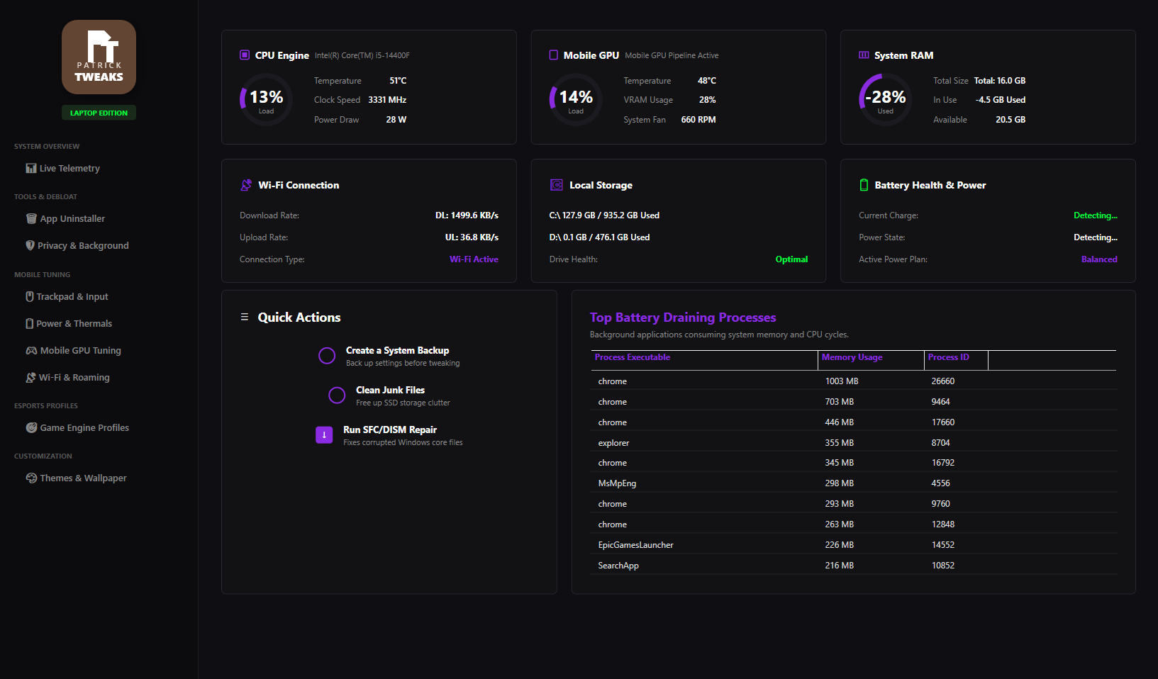 Patrick Tweaks Laptop Edition — real-time laptop telemetry, battery, thermals and debloat controls