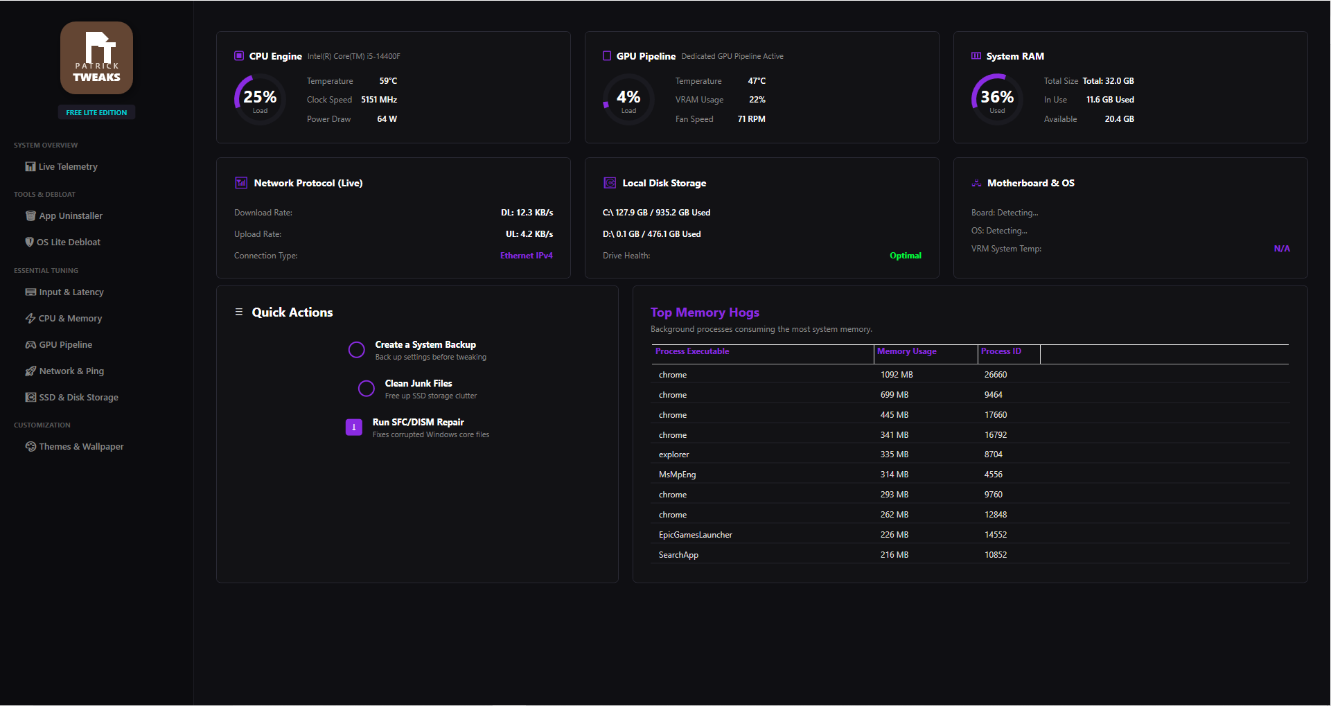 Patrick Tweaks Free Edition panel showing real-time CPU, GPU, RAM telemetry and basic tweaks