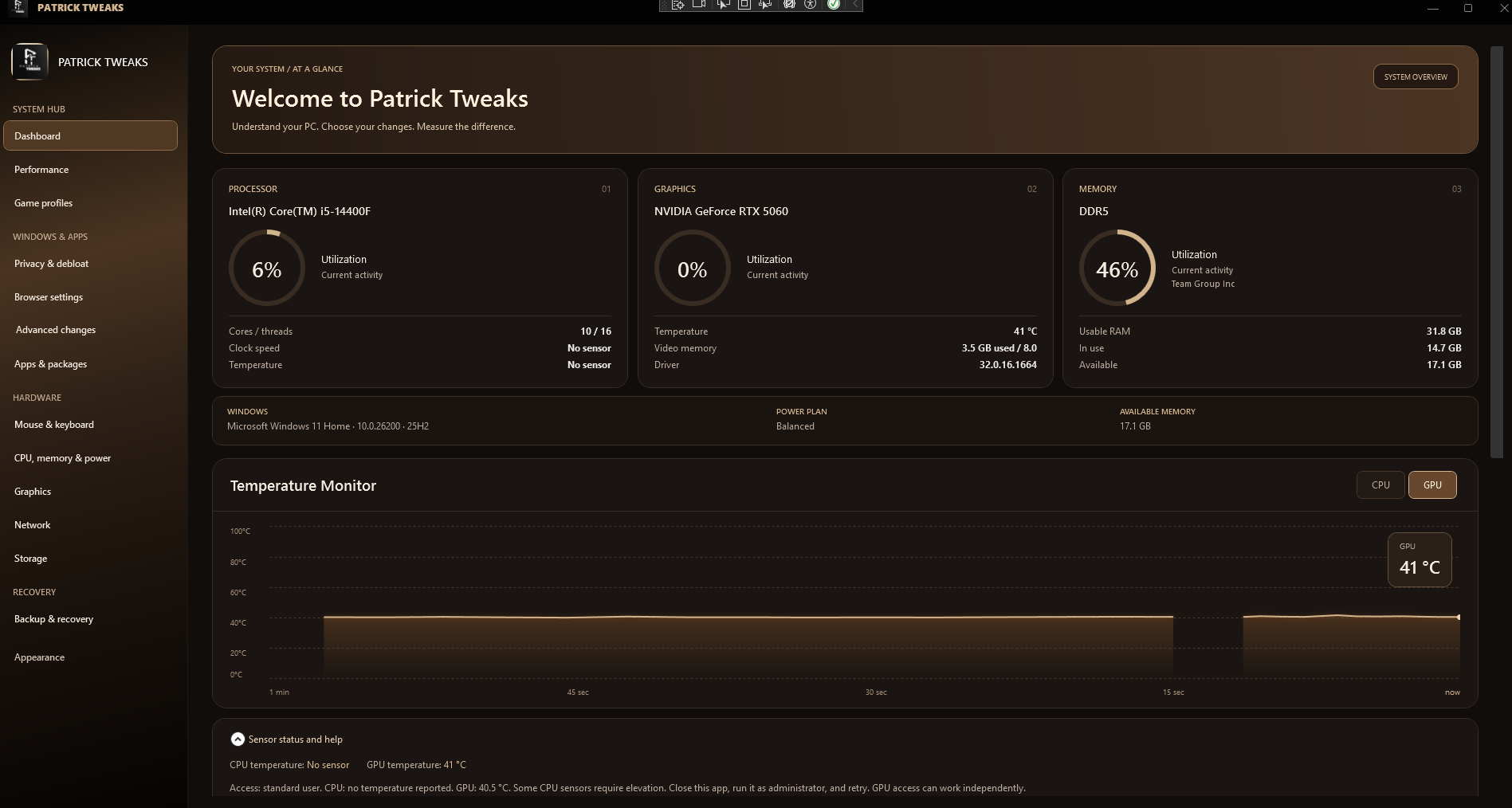 Patrick Tweaks PC tweaking panel showing real-time CPU, GPU and memory telemetry